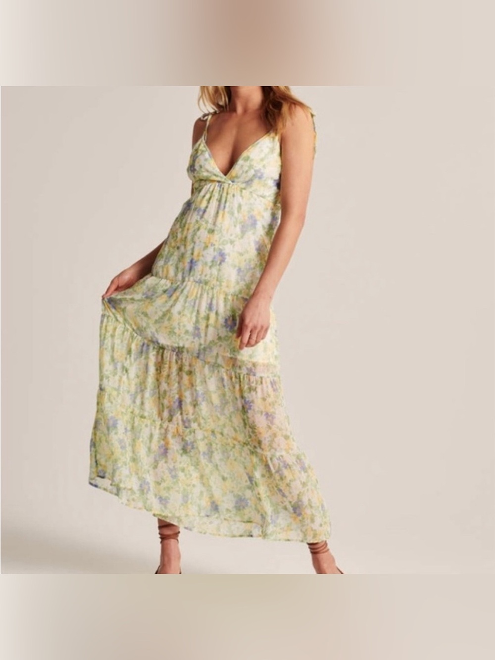 Abercrombie & Fitch Light Yellow Floral Tie-Shoulder Maxi Dress